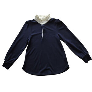 Soft Surroundings Women's Navy Blue Tuckernuck Ruffle Neck Long Sleeve Top Sz XS